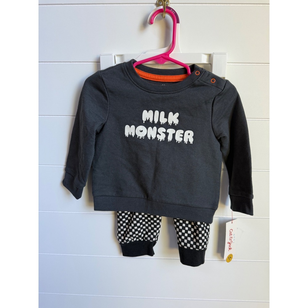 Cat & Jack Baby Milk Monster Sweatshirt and Checkered Jogger Set 12M Charcoal